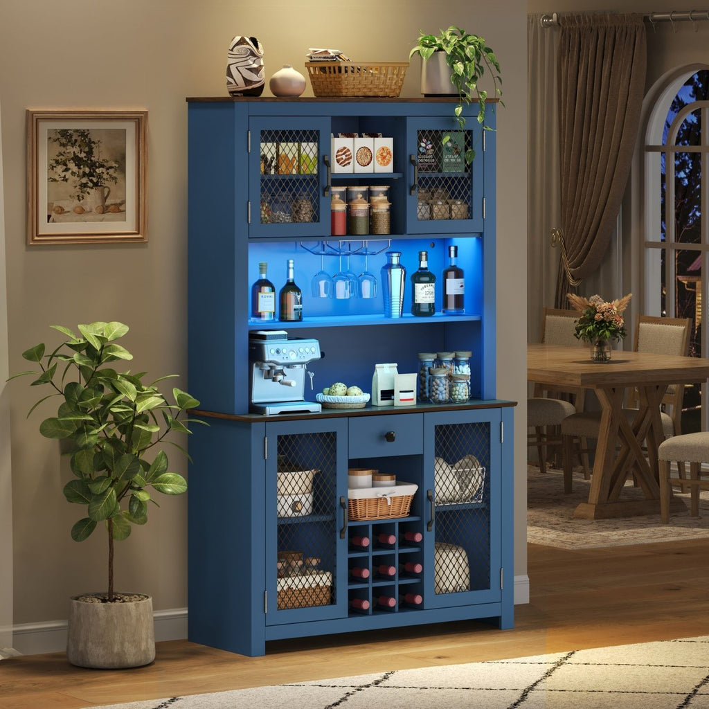 70.9" Kitchen Pantry Storage Cabinet Rustic Buffet Cabinet, Kitchen Hutch Cabinet with LED Outlets Food Pantry Cabinet with Doors and Shelves Wine Rack for Dining Room, Navy Blue