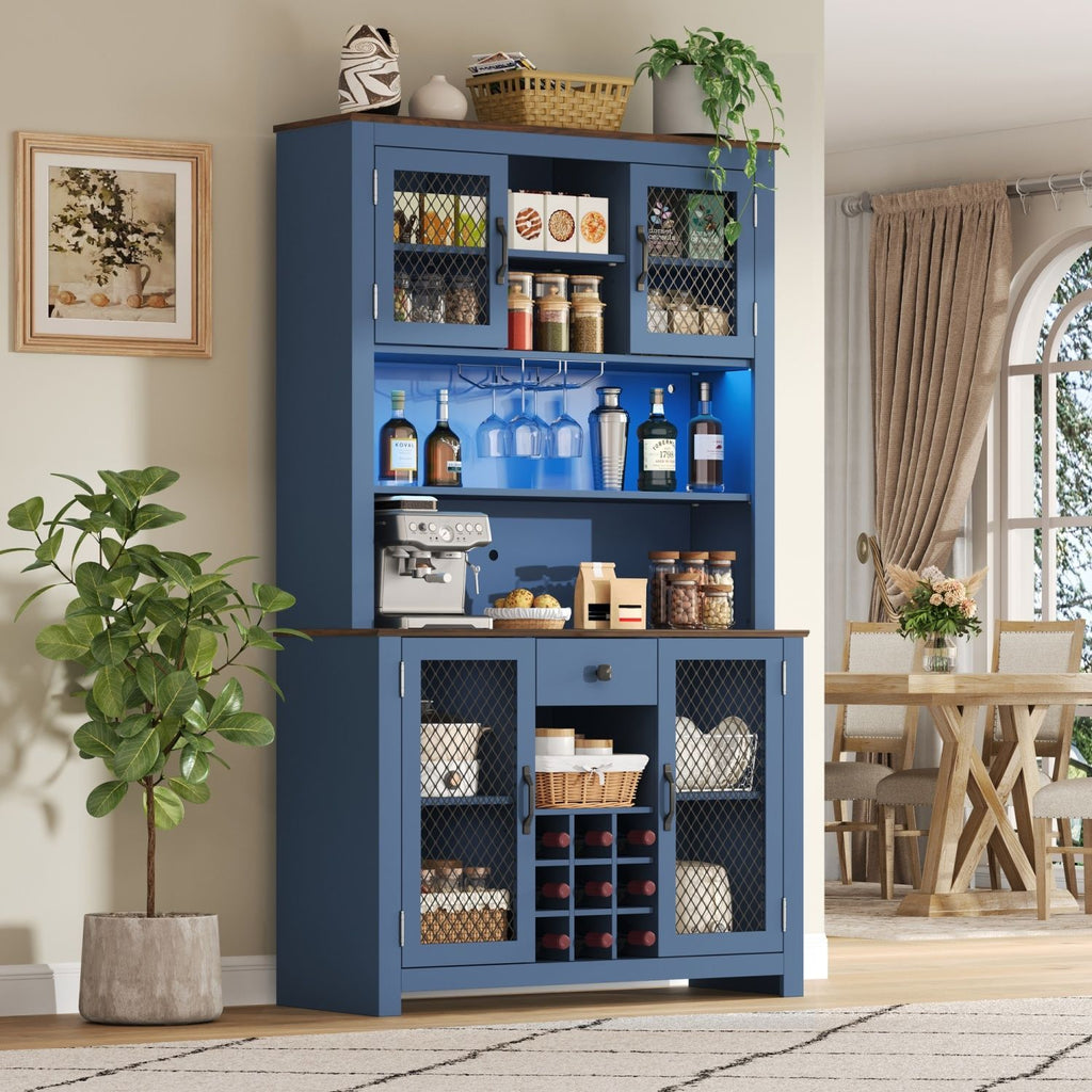 70.9" Kitchen Pantry Storage Cabinet Rustic Buffet Cabinet, Kitchen Hutch Cabinet with LED Outlets Food Pantry Cabinet with Doors and Shelves Wine Rack for Dining Room, Navy Blue