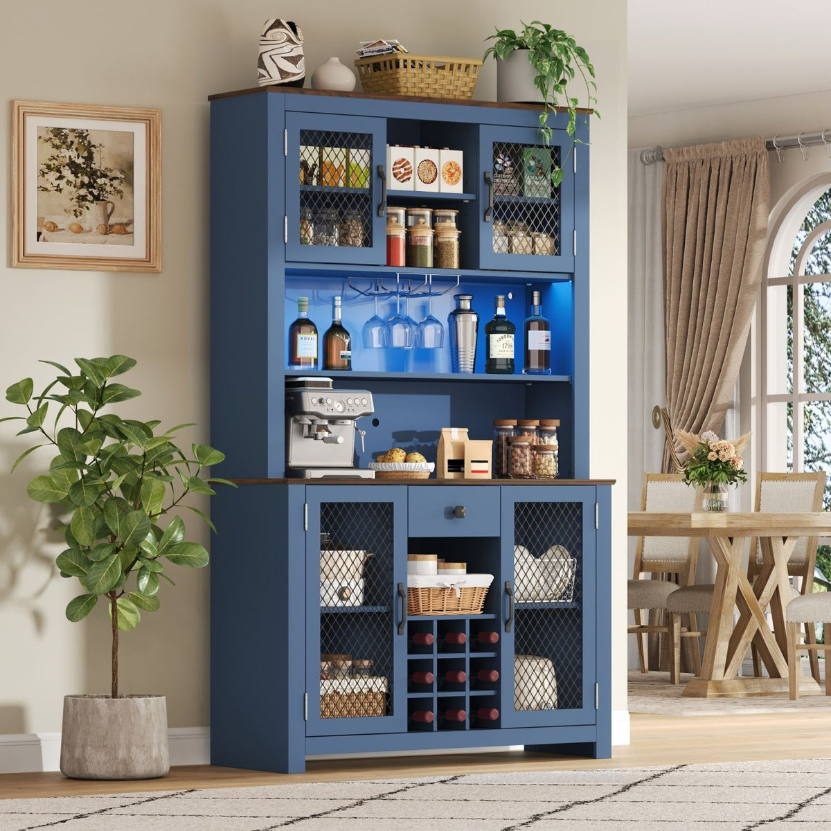 70.9" Kitchen Pantry Storage Cabinet Rustic Buffet Cabinet, Kitchen Hutch Cabinet with LED Outlets Food Pantry Cabinet with Doors and Shelves Wine Rack for Dining Room, Navy Blue