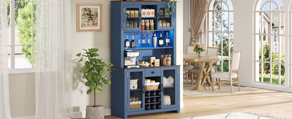 70.9" Kitchen Pantry Storage Cabinet Rustic Buffet Cabinet, Kitchen Hutch Cabinet with LED Outlets Food Pantry Cabinet with Doors and Shelves Wine Rack for Dining Room, Navy Blue