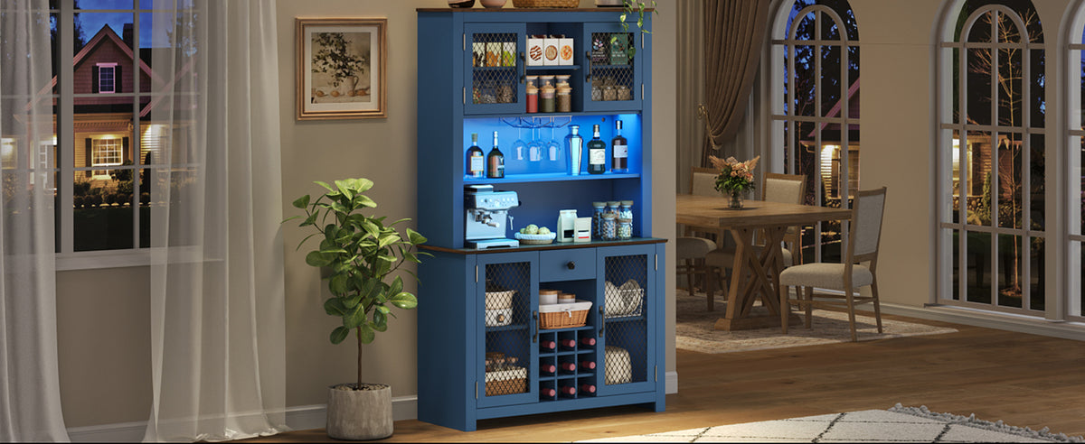 70.9" Kitchen Pantry Storage Cabinet Rustic Buffet Cabinet, Kitchen Hutch Cabinet with LED Outlets Food Pantry Cabinet with Doors and Shelves Wine Rack for Dining Room, Navy Blue