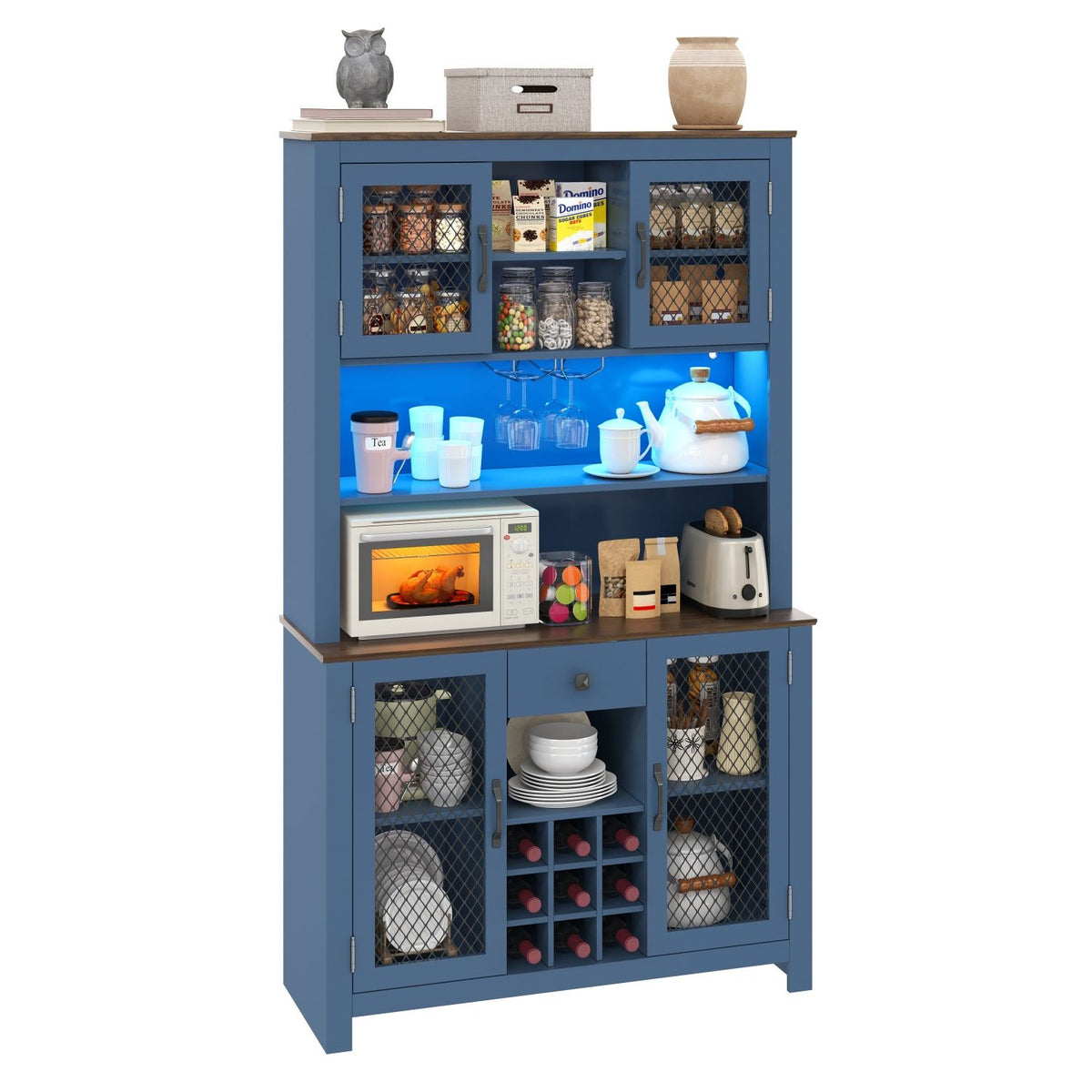 70.9" Kitchen Pantry Storage Cabinet Rustic Buffet Cabinet, Kitchen Hutch Cabinet with LED Outlets Food Pantry Cabinet with Doors and Shelves Wine Rack for Dining Room, Navy Blue