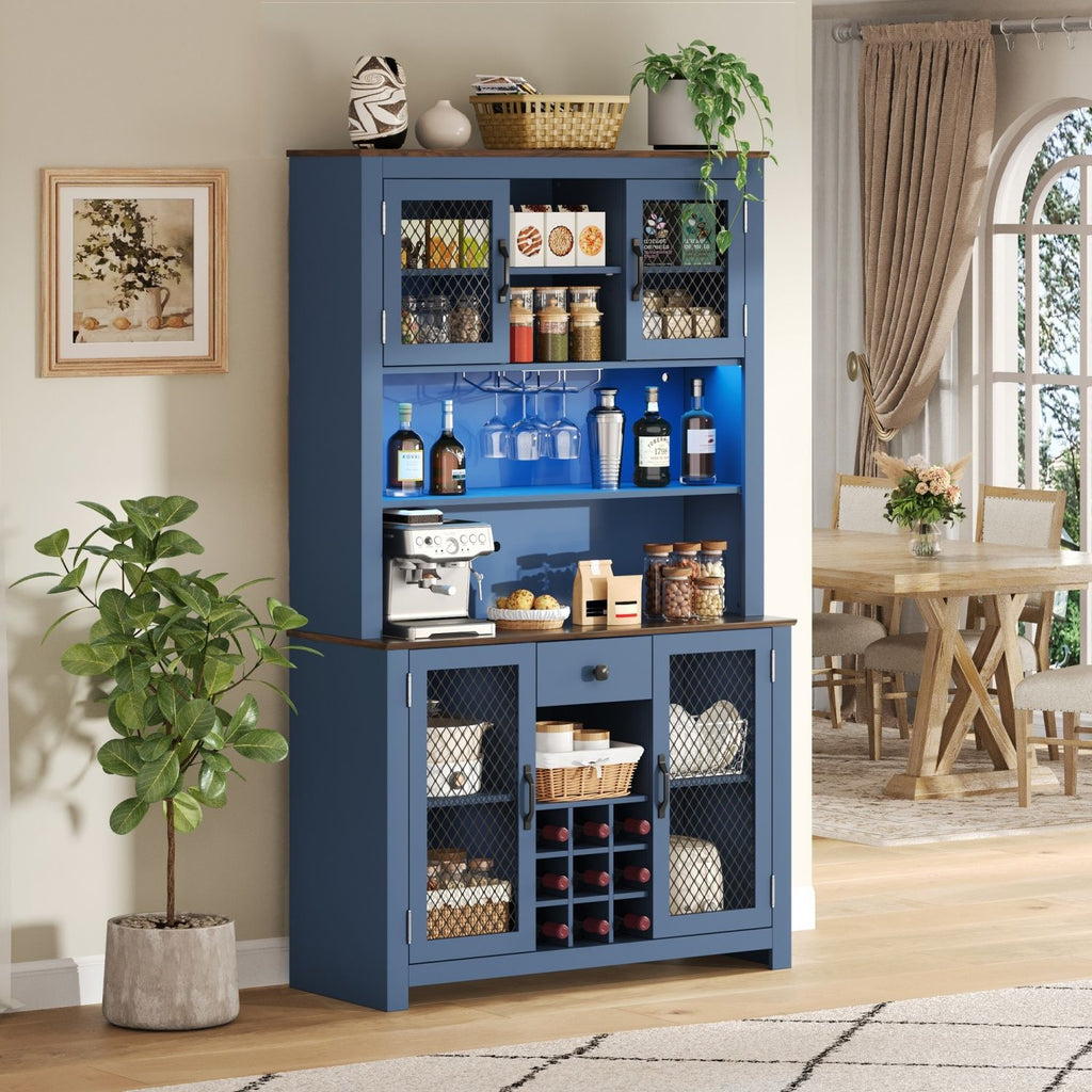 70.9" Kitchen Pantry Storage Cabinet Rustic Buffet Cabinet, Kitchen Hutch Cabinet with LED Outlets Food Pantry Cabinet with Doors and Shelves Wine Rack for Dining Room, Navy Blue