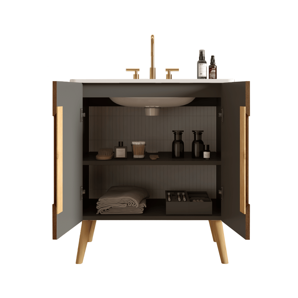 Etna 30"F Striped Walnut Bathroom Vanity with Carrara White Ceramic Sink with three faucet holes, Large Storage Freestanding Bathroom Vanity for Modern Bathroom, KD