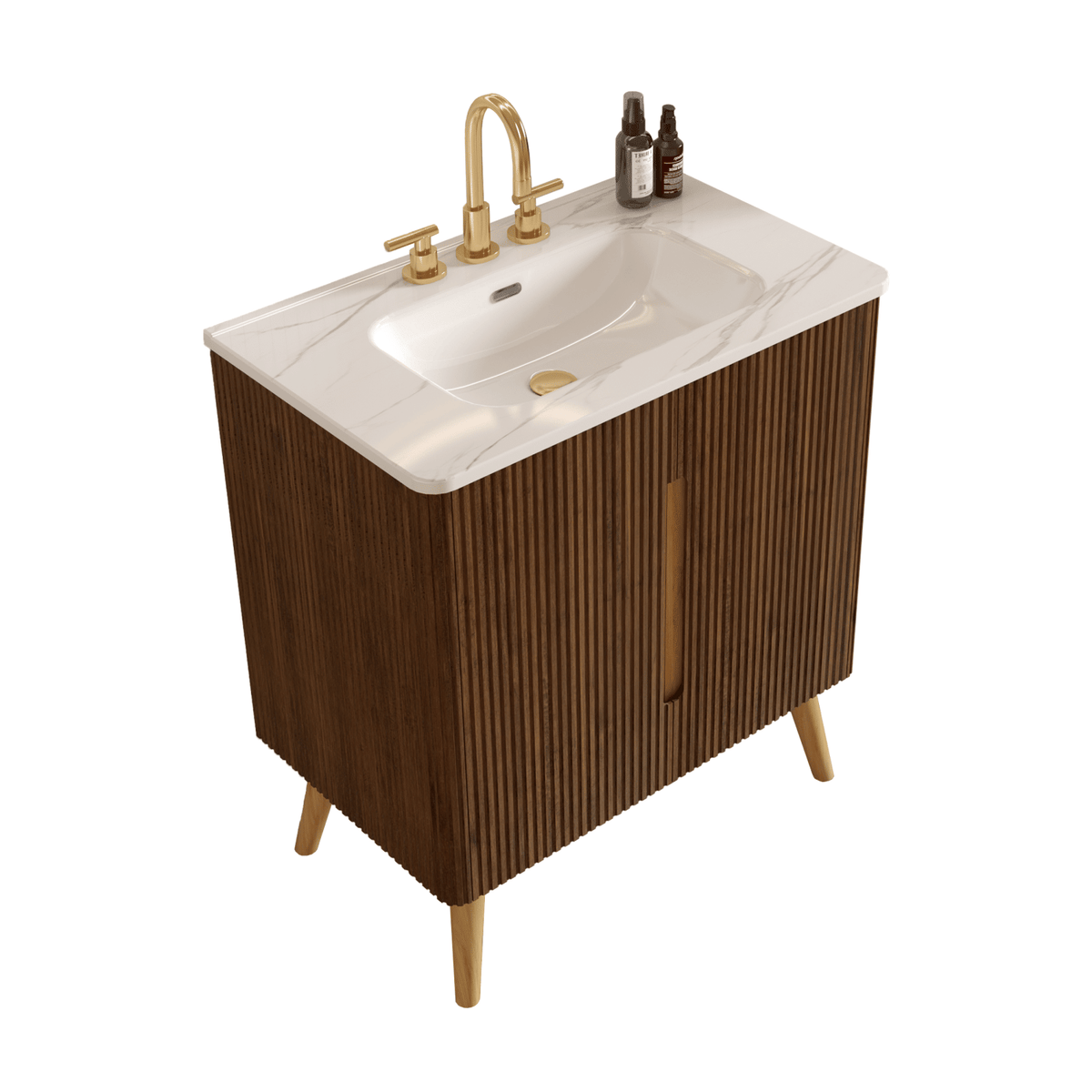 Etna 30"F Striped Walnut Bathroom Vanity with Carrara White Ceramic Sink with three faucet holes, Large Storage Freestanding Bathroom Vanity for Modern Bathroom, KD