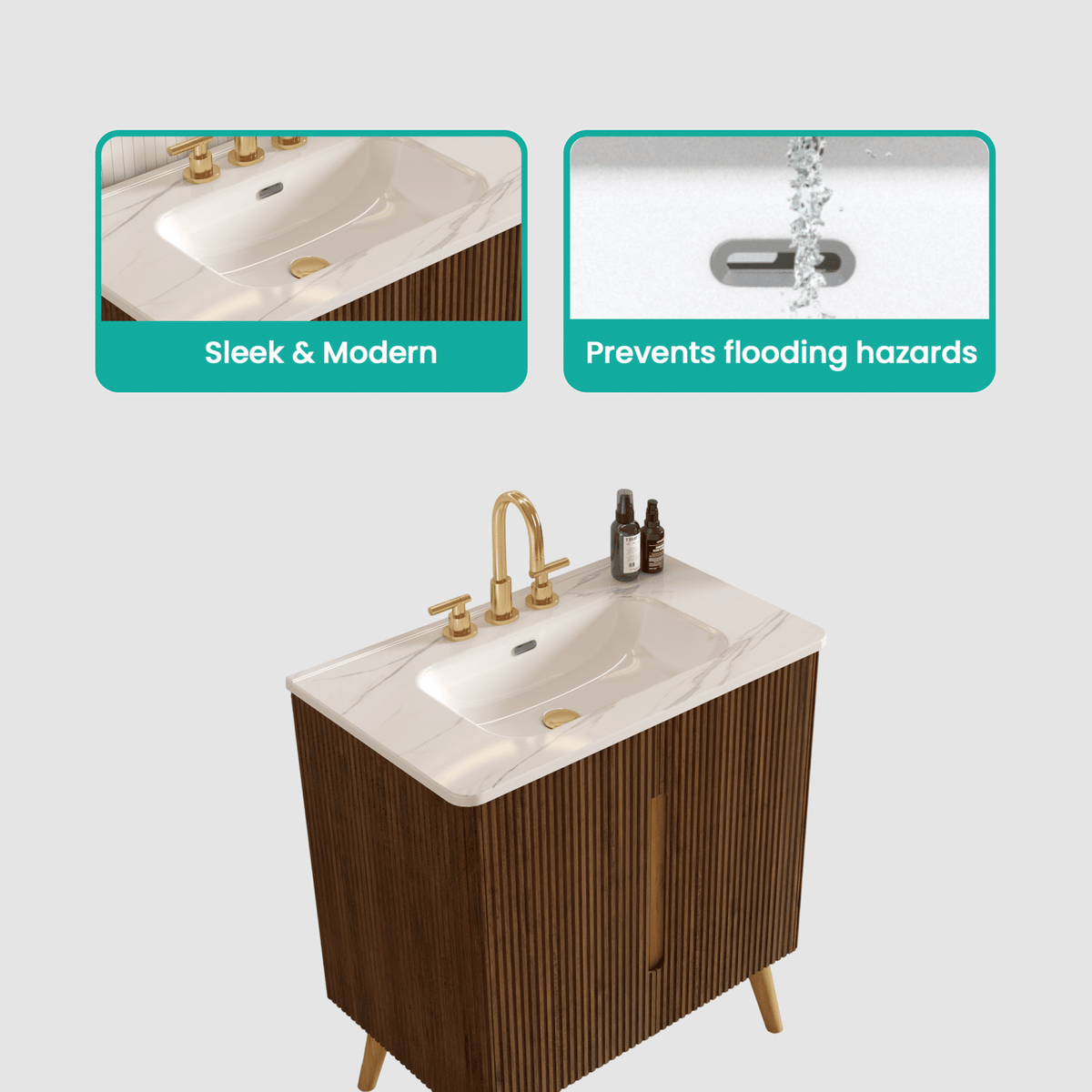 Etna 30"F Striped Walnut Bathroom Vanity with Carrara White Ceramic Sink with three faucet holes, Large Storage Freestanding Bathroom Vanity for Modern Bathroom, KD