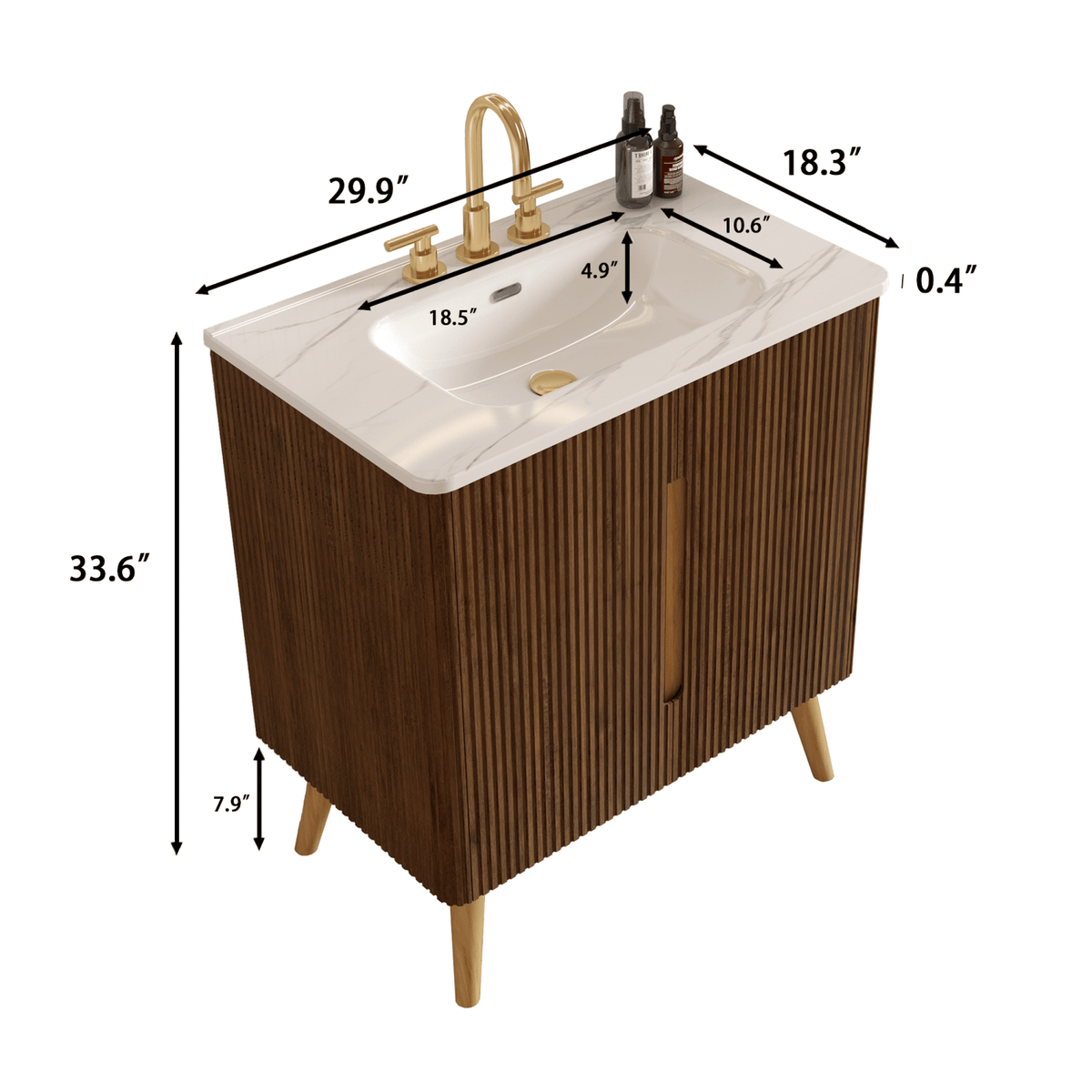 Etna 30"F Striped Walnut Bathroom Vanity with Carrara White Ceramic Sink with three faucet holes, Large Storage Freestanding Bathroom Vanity for Modern Bathroom, KD