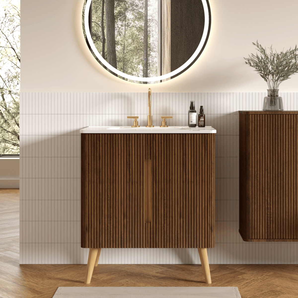 Etna 30"F Striped Walnut Bathroom Vanity with Carrara White Ceramic Sink with three faucet holes, Large Storage Freestanding Bathroom Vanity for Modern Bathroom, KD