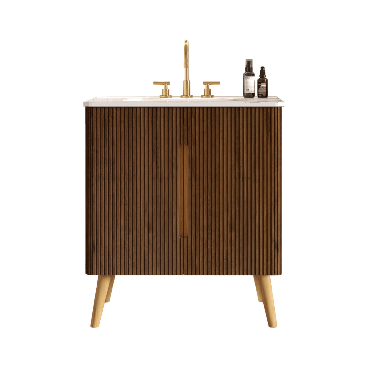 Etna 30"F Striped Walnut Bathroom Vanity with Carrara White Ceramic Sink with three faucet holes, Large Storage Freestanding Bathroom Vanity for Modern Bathroom, KD