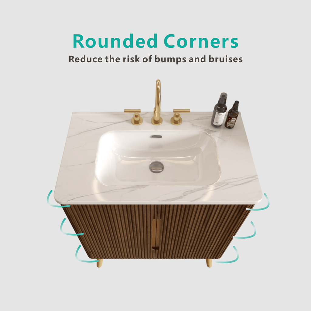 Etna 30"F Striped Walnut Bathroom Vanity with Carrara White Ceramic Sink with three faucet holes, Large Storage Freestanding Bathroom Vanity for Modern Bathroom, KD