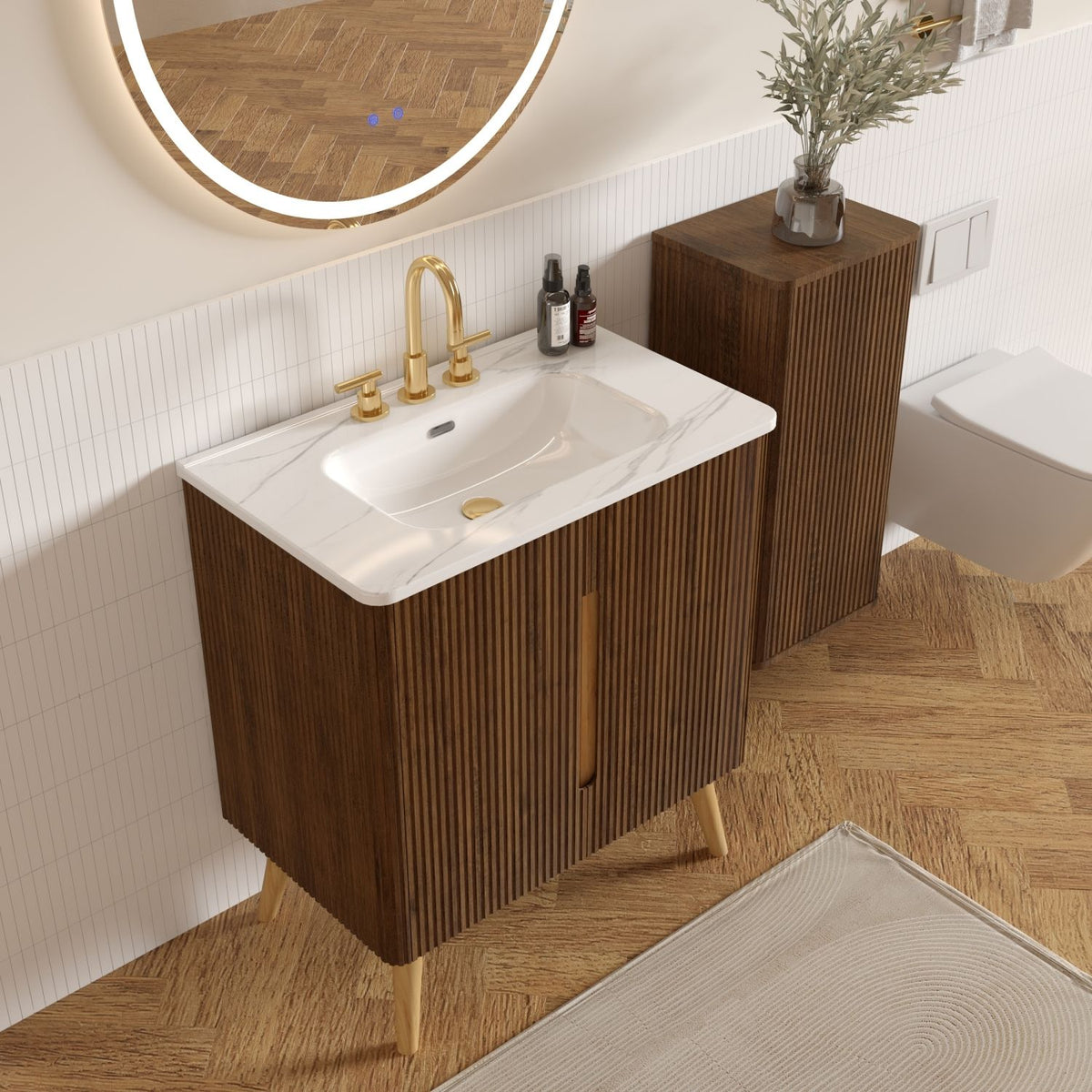 Etna 30"F Striped Walnut Bathroom Vanity with Carrara White Ceramic Sink with three faucet holes, Large Storage Freestanding Bathroom Vanity for Modern Bathroom, KD