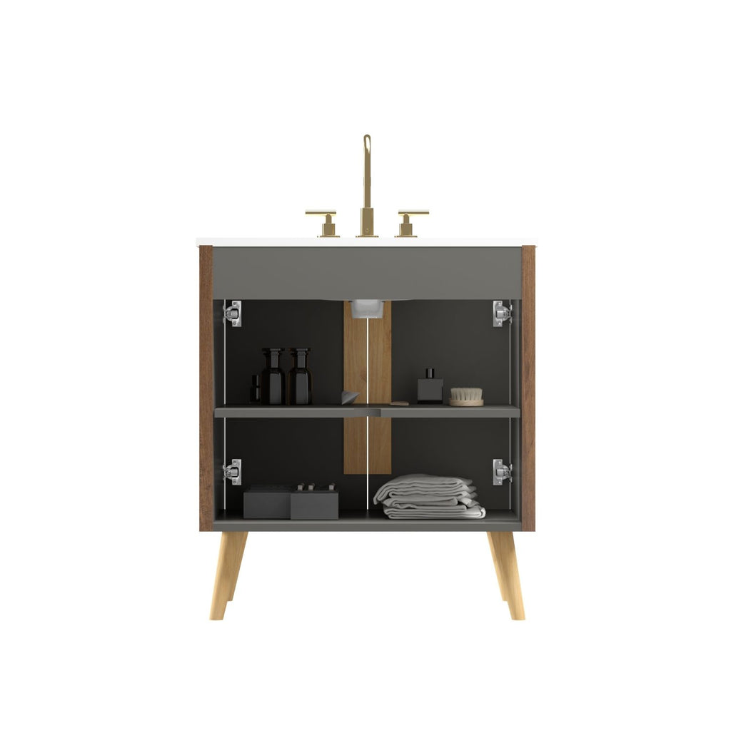 Etna 30"F Striped Walnut Bathroom Vanity with Carrara White Ceramic Sink with three faucet holes, Large Storage Freestanding Bathroom Vanity for Modern Bathroom, KD