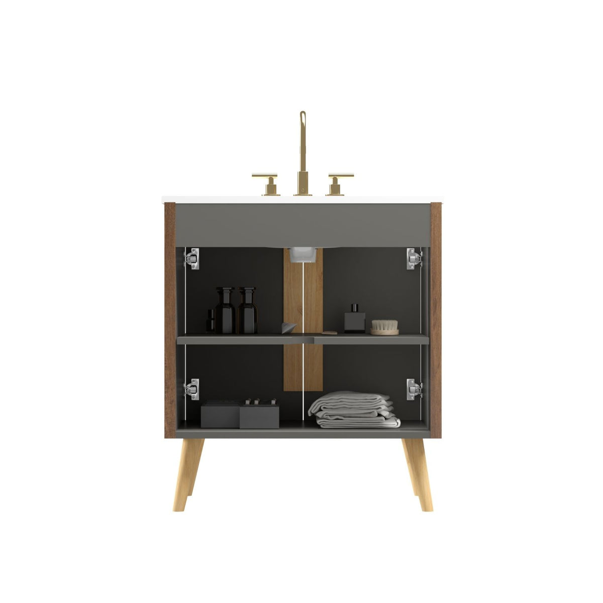 Etna 30"F Striped Walnut Bathroom Vanity with Carrara White Ceramic Sink with three faucet holes, Large Storage Freestanding Bathroom Vanity for Modern Bathroom, KD
