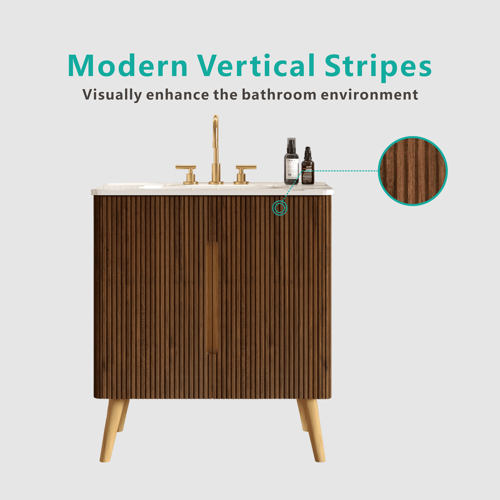 Etna 30"F Striped Walnut Bathroom Vanity with Carrara White Ceramic Sink with three faucet holes, Large Storage Freestanding Bathroom Vanity for Modern Bathroom, KD