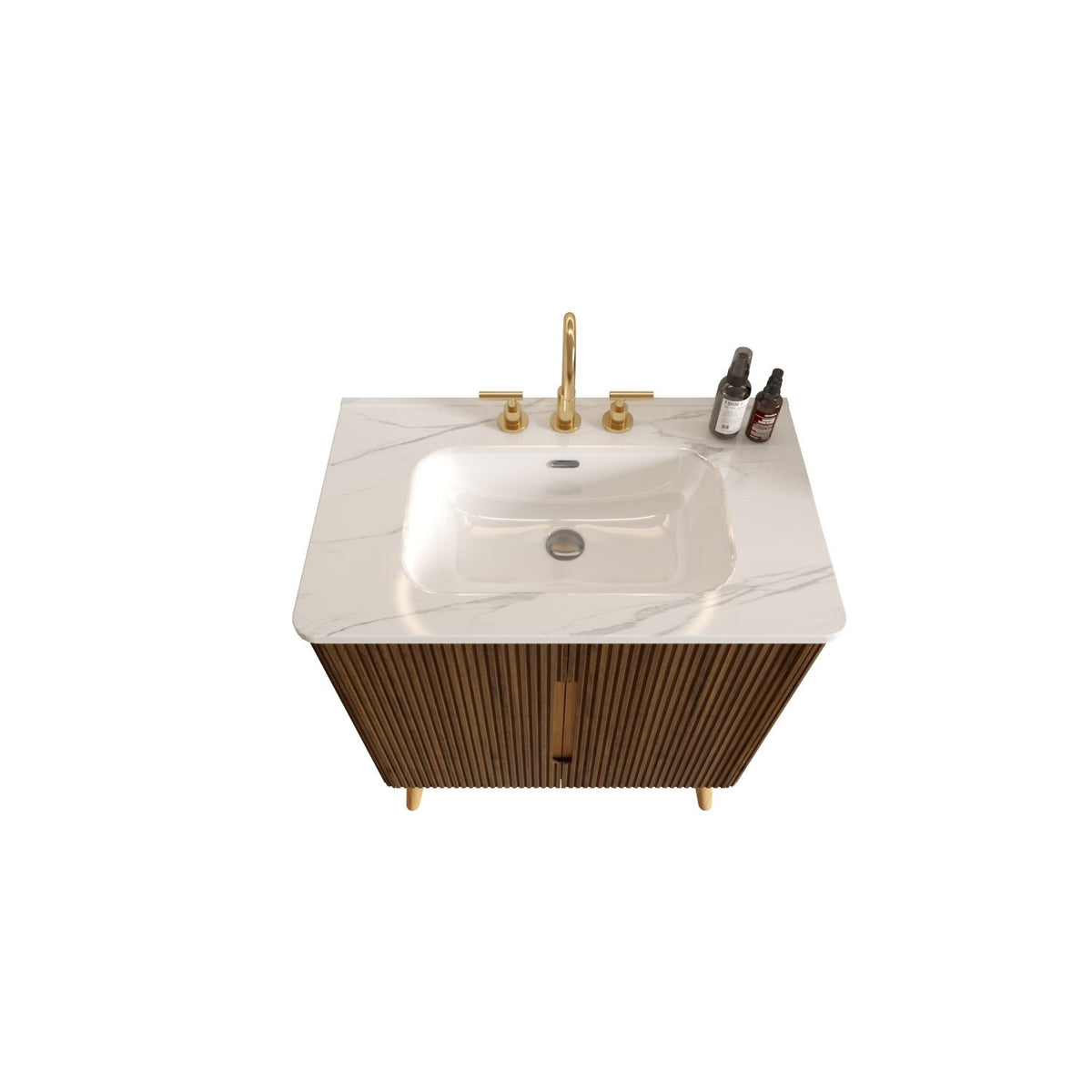 Etna 30"F Striped Walnut Bathroom Vanity with Carrara White Ceramic Sink with three faucet holes, Large Storage Freestanding Bathroom Vanity for Modern Bathroom, KD