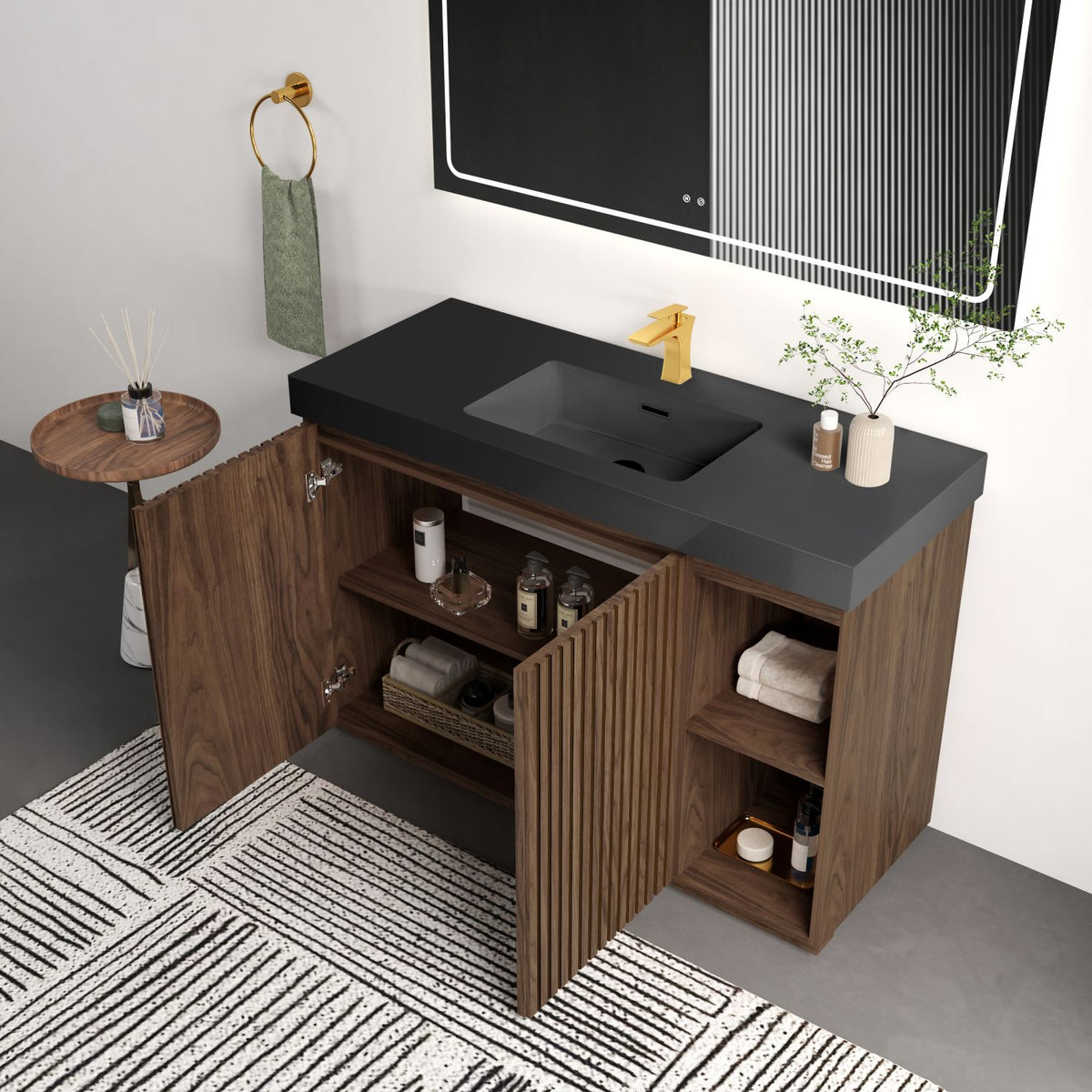 GALAN 48F" Winston Walnut Bathroom Vanity with Sink, Large Storage Freestanding Bathroom Vanity for Modern Bathroom, One-Piece Black Sink Basin without Drain and Faucet, KD