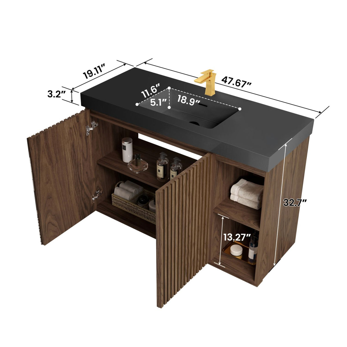 GALAN 48F" Winston Walnut Bathroom Vanity with Sink, Large Storage Freestanding Bathroom Vanity for Modern Bathroom, One-Piece Black Sink Basin without Drain and Faucet, KD