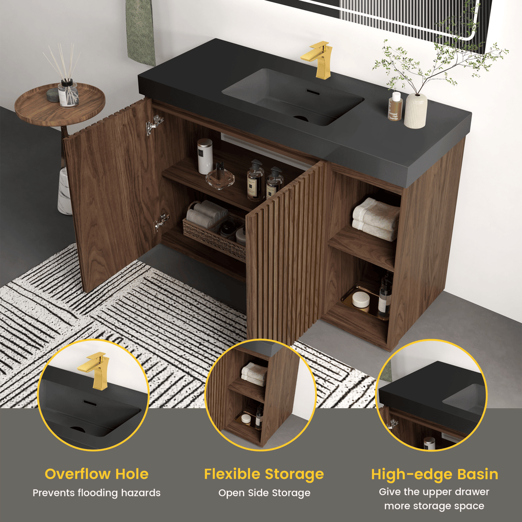GALAN 48F" Winston Walnut Bathroom Vanity with Sink, Large Storage Freestanding Bathroom Vanity for Modern Bathroom, One-Piece Black Sink Basin without Drain and Faucet, KD