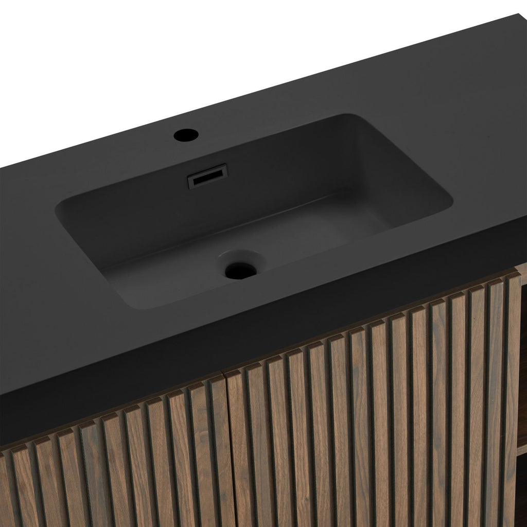 GALAN 48F" Winston Walnut Bathroom Vanity with Sink, Large Storage Freestanding Bathroom Vanity for Modern Bathroom, One-Piece Black Sink Basin without Drain and Faucet, KD
