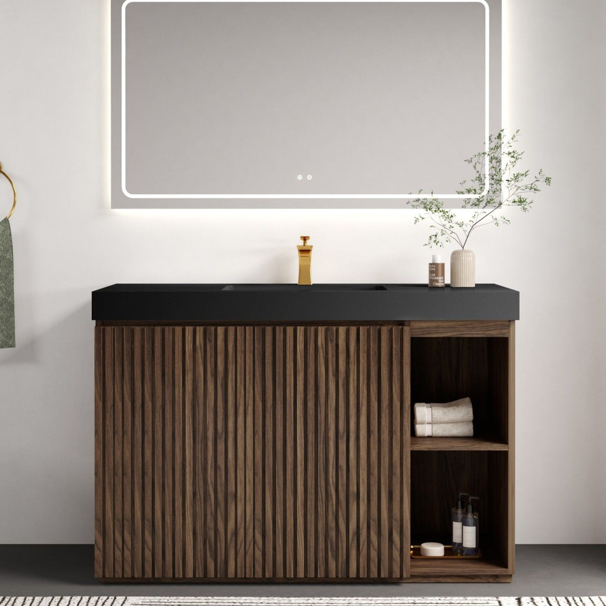 GALAN 48F" Winston Walnut Bathroom Vanity with Sink, Large Storage Freestanding Bathroom Vanity for Modern Bathroom, One-Piece Black Sink Basin without Drain and Faucet, KD