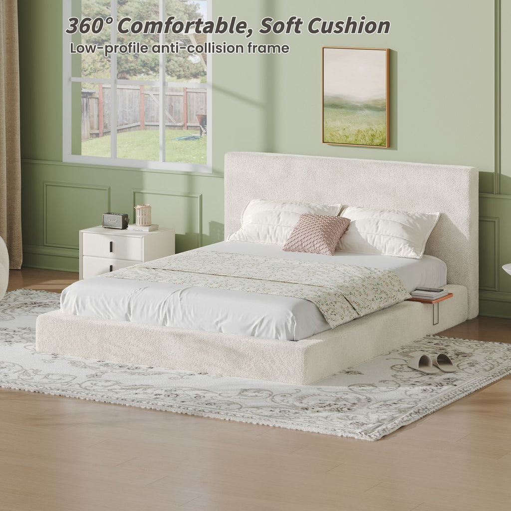 AirFrame Queen Bed Frame with adjustable Sliding Side Table, 8.7'' Cloud Upholstered Sponge Cushion, Easy Assembly (Off-White).