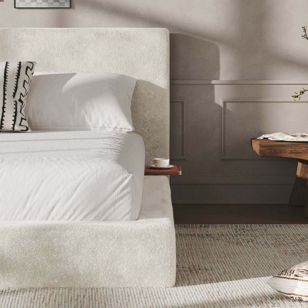 AirFrame Queen Bed Frame with adjustable Sliding Side Table, 8.7'' Cloud Upholstered Sponge Cushion, Easy Assembly (Off-White).
