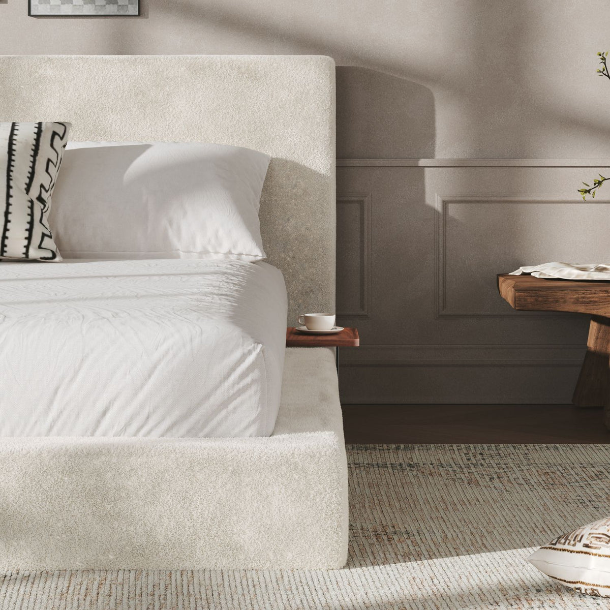 AirFrame Queen Bed Frame with adjustable Sliding Side Table, 8.7'' Cloud Upholstered Sponge Cushion, Easy Assembly (Off-White).