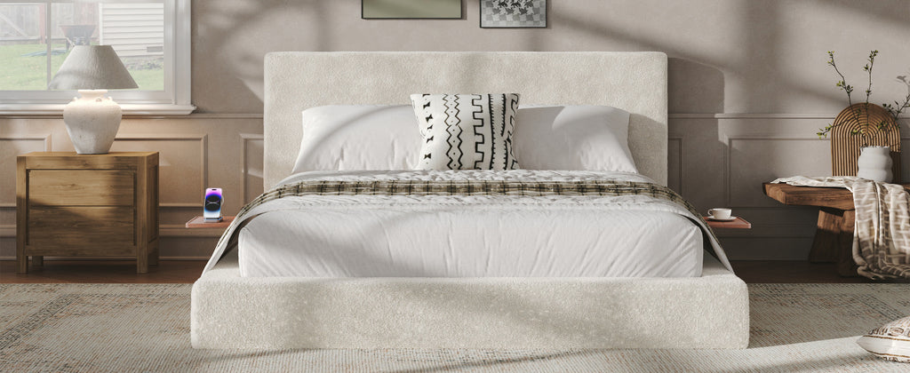 AirFrame Queen Bed Frame with adjustable Sliding Side Table, 8.7'' Cloud Upholstered Sponge Cushion, Easy Assembly (Off-White).