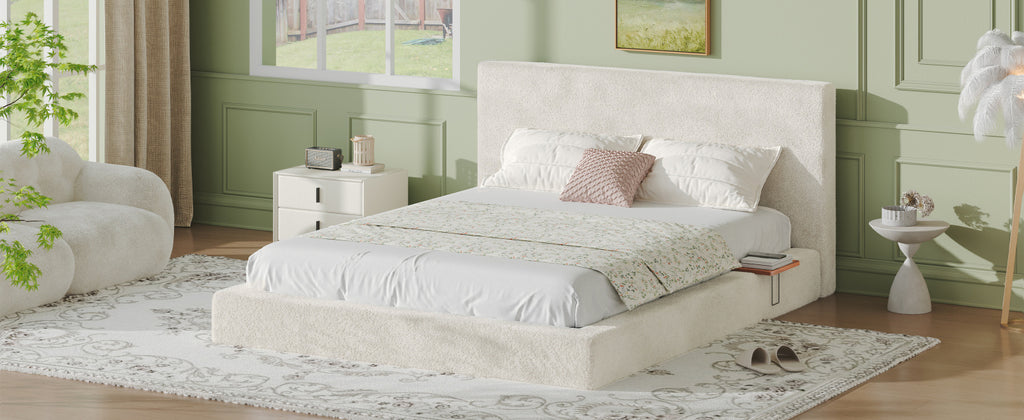 AirFrame Queen Bed Frame with adjustable Sliding Side Table, 8.7'' Cloud Upholstered Sponge Cushion, Easy Assembly (Off-White).