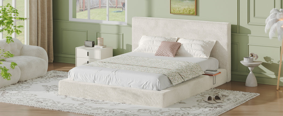 AirFrame Queen Bed Frame with adjustable Sliding Side Table, 8.7'' Cloud Upholstered Sponge Cushion, Easy Assembly (Off-White).