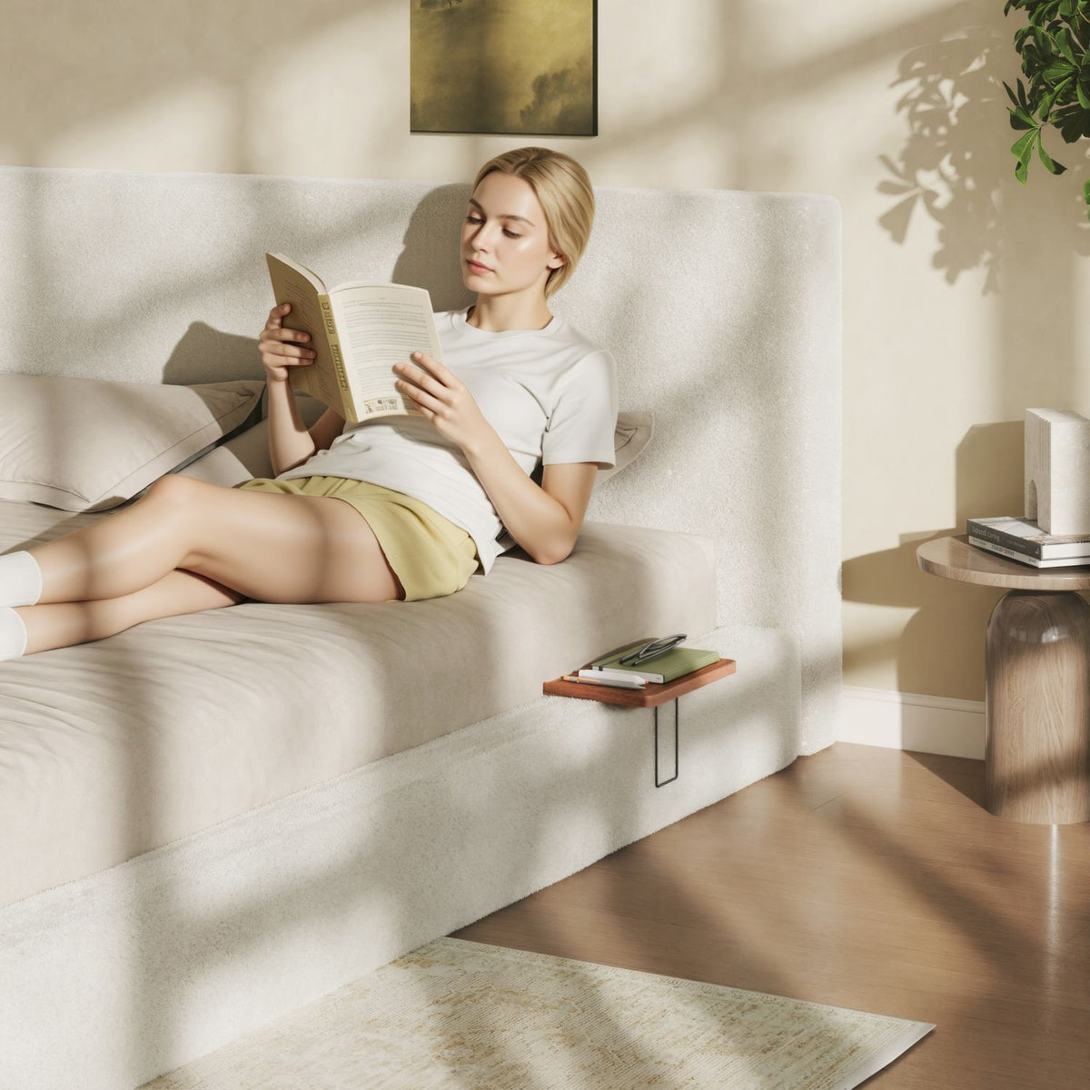 AirFrame Queen Bed Frame with adjustable Sliding Side Table, 8.7'' Cloud Upholstered Sponge Cushion, Easy Assembly (Off-White).