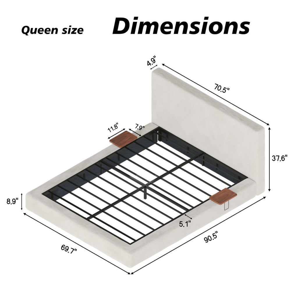 AirFrame Queen Bed Frame with adjustable Sliding Side Table, 8.7'' Cloud Upholstered Sponge Cushion, Easy Assembly (Off-White).