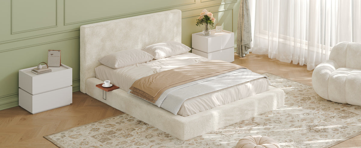 AirFrame Queen Bed Frame with adjustable Sliding Side Table, 8.7'' Cloud Upholstered Sponge Cushion, Easy Assembly (Off-White).