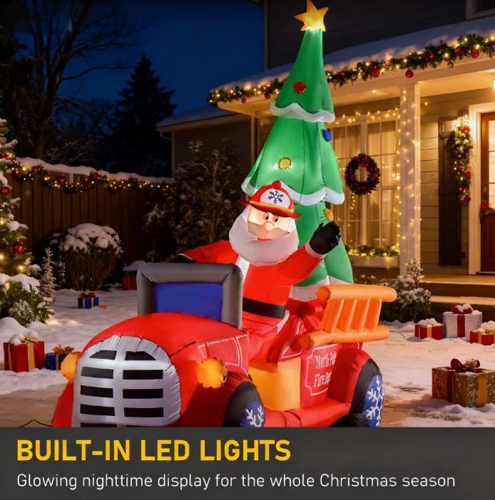 Inflatable Santa Truck with Lit Christmas Tree – Eye-Catching Outdoor Christmas Decor for Your Yard