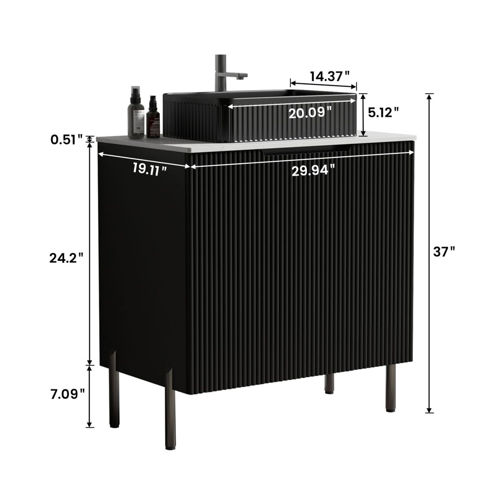TORINO30F" Bathroom Vanity with Sink, Large Storage Freestanding Bathroom Vanity for Modern Bathroom, One-Piece Black Sink Basin without Drain and Faucet, KD