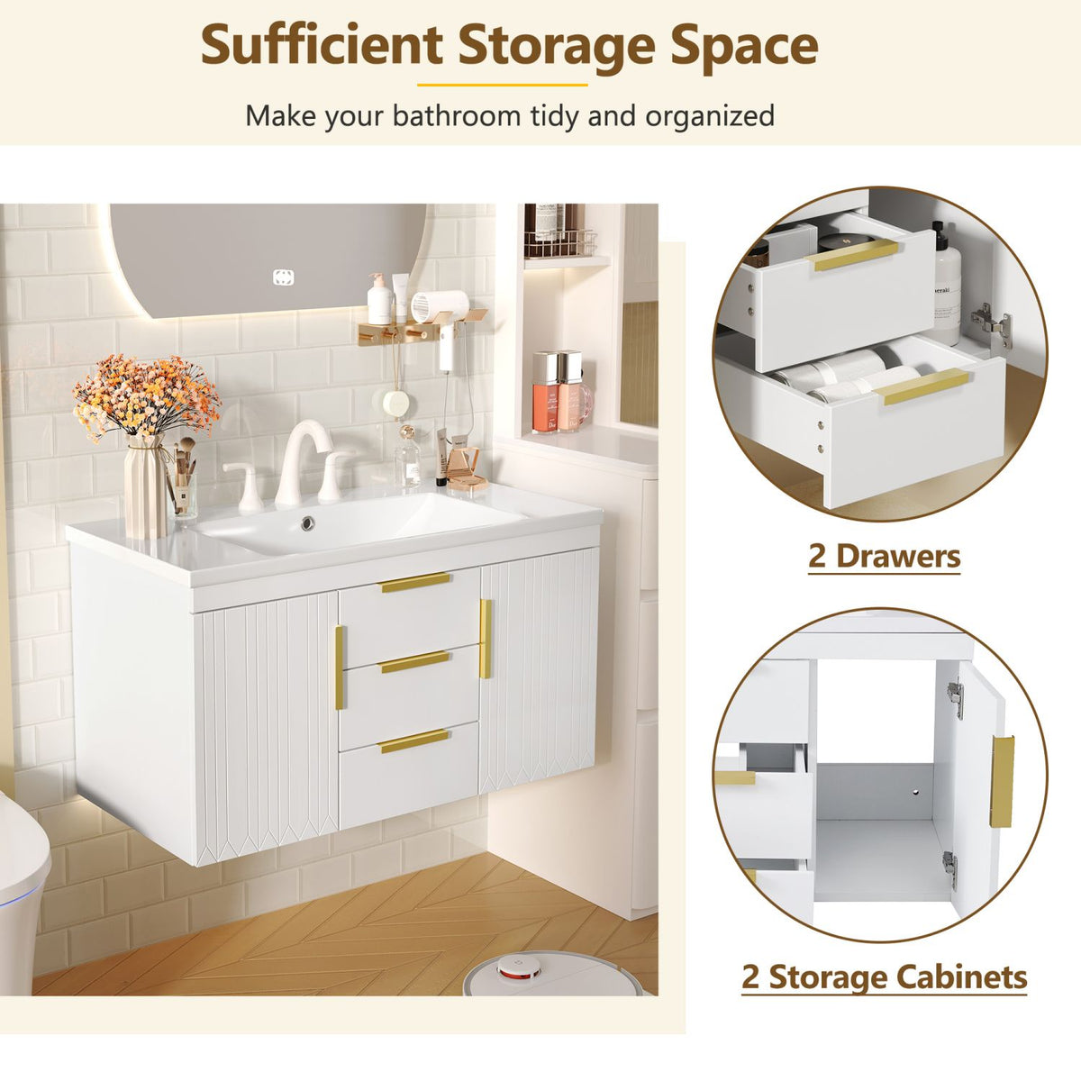 36'' Wall Mounted Bathroom Vanity, Floating Bathroom Storage Cabinet with 2 Drawers (Same as N710S236003K)