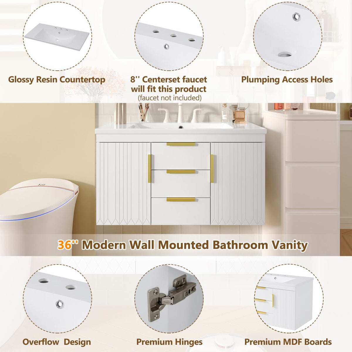 36'' Wall Mounted Bathroom Vanity, Floating Bathroom Storage Cabinet with 2 Drawers (Same as N710S236003K)
