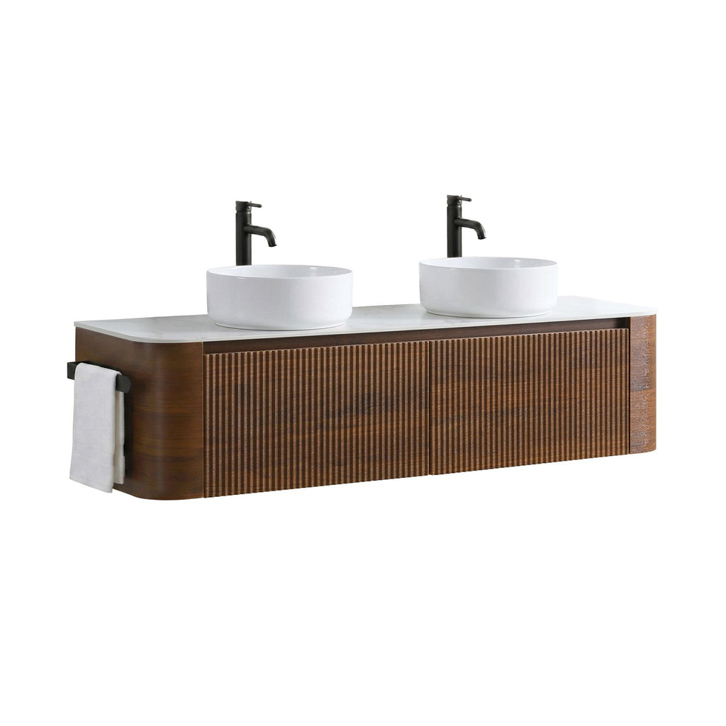 Erba 60 inch Bathroom Vanity with Sink, Walnut Wall Cabinet with Free Towel Rack, Double White Ceramic Basins Design, without Drain and Faucet, Pre-assembled