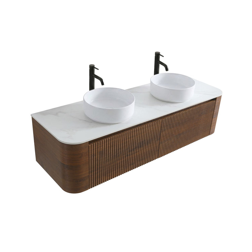 Erba 60 inch Bathroom Vanity with Sink, Walnut Wall Cabinet with Free Towel Rack, Double White Ceramic Basins Design, without Drain and Faucet, Pre-assembled