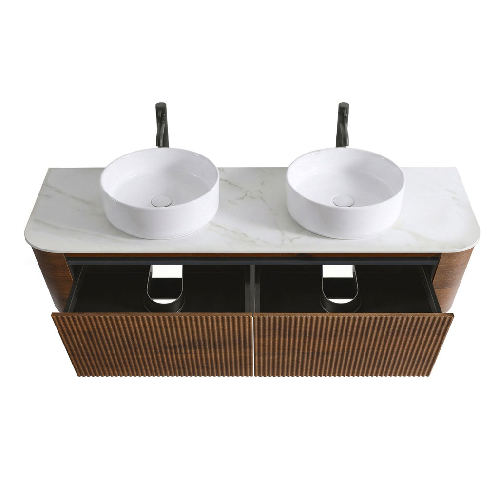 Erba 60 inch Bathroom Vanity with Sink, Walnut Wall Cabinet with Free Towel Rack, Double White Ceramic Basins Design, without Drain and Faucet, Pre-assembled