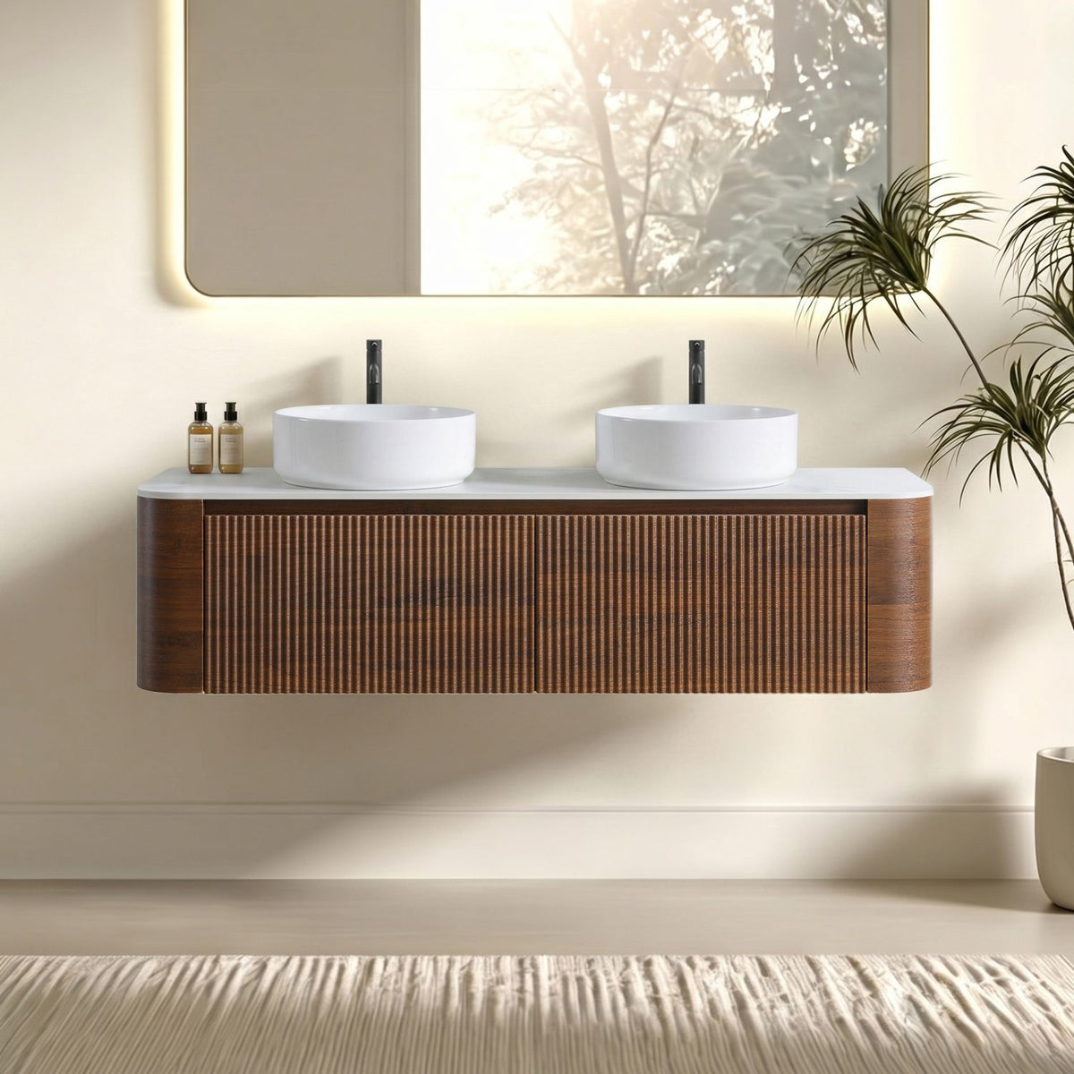 Erba 60 inch Bathroom Vanity with Sink, Walnut Wall Cabinet with Free Towel Rack, Double White Ceramic Basins Design, without Drain and Faucet, Pre-assembled
