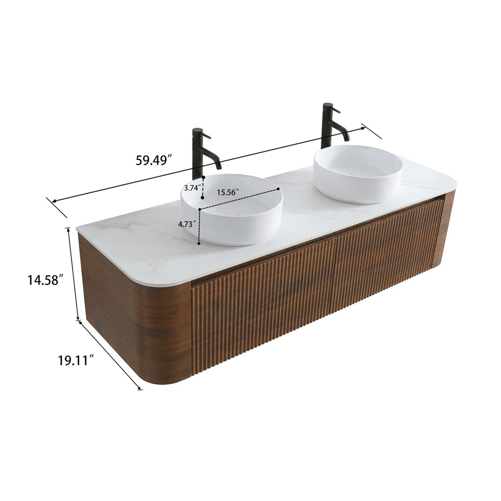 Erba 60 inch Bathroom Vanity with Sink, Walnut Wall Cabinet with Free Towel Rack, Double White Ceramic Basins Design, without Drain and Faucet, Pre-assembled