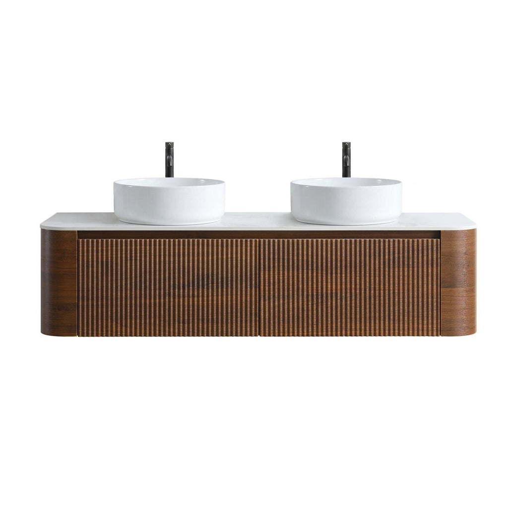 Erba 60 inch Bathroom Vanity with Sink, Walnut Wall Cabinet with Free Towel Rack, Double White Ceramic Basins Design, without Drain and Faucet, Pre-assembled
