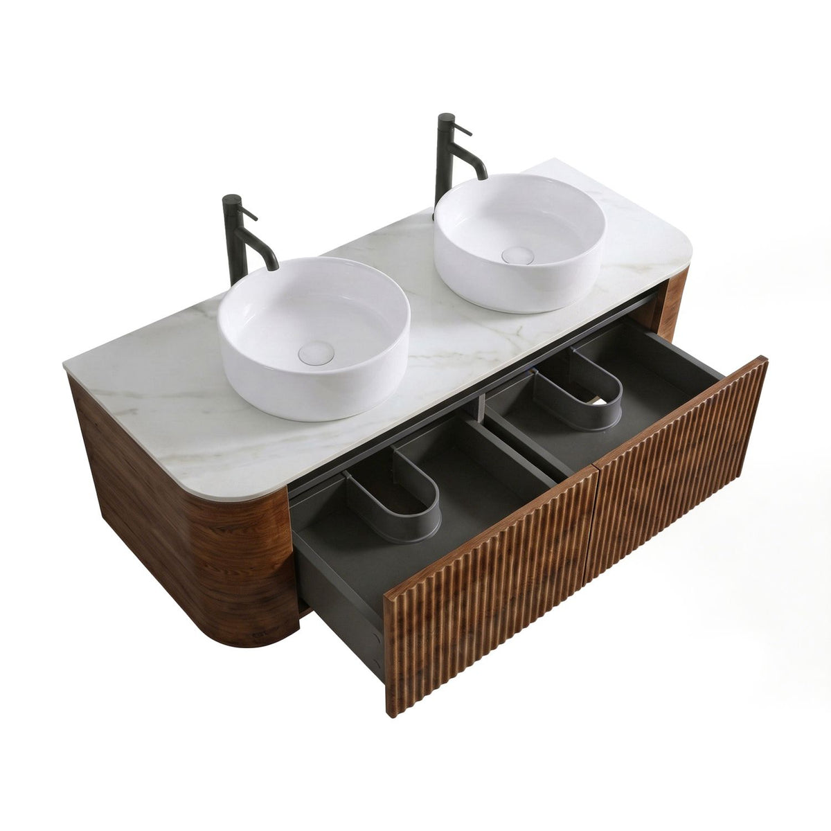 Erba 60 inch Bathroom Vanity with Sink, Walnut Wall Cabinet with Free Towel Rack, Double White Ceramic Basins Design, without Drain and Faucet, Pre-assembled