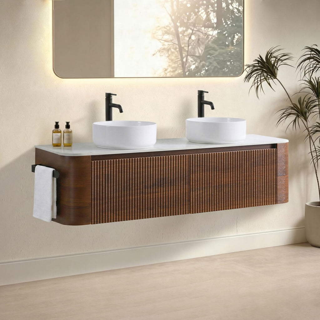 Erba 60 inch Bathroom Vanity with Sink, Walnut Wall Cabinet with Free Towel Rack, Double White Ceramic Basins Design, without Drain and Faucet, Pre-assembled