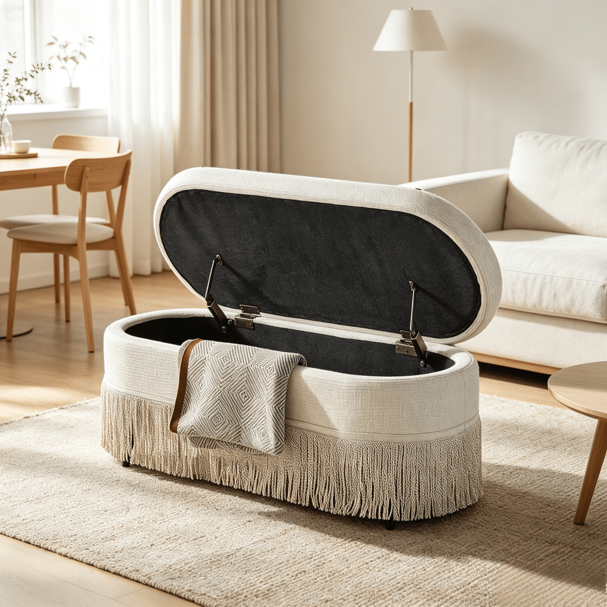 Oval Upholstered Storage Ottoman with Fringe Trim & Lift-Top Lid - 39"L x 16"W x 17"H, Multi-Functional Footrest & Hidden Storage for Living Room or Bedroom - Beige Fabric with Metal Frame