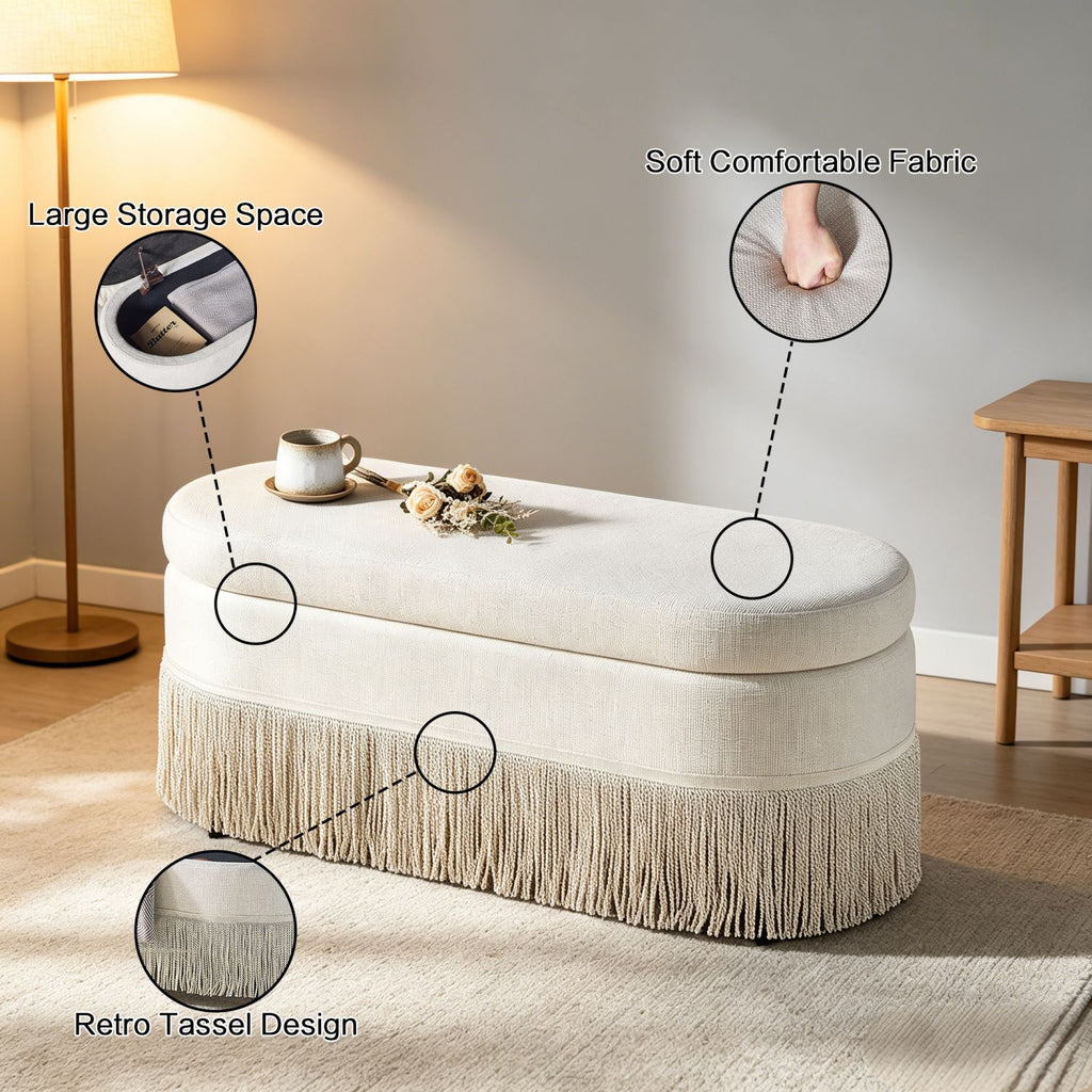 Oval Upholstered Storage Ottoman with Fringe Trim & Lift-Top Lid - 39"L x 16"W x 17"H, Multi-Functional Footrest & Hidden Storage for Living Room or Bedroom - Beige Fabric with Metal Frame