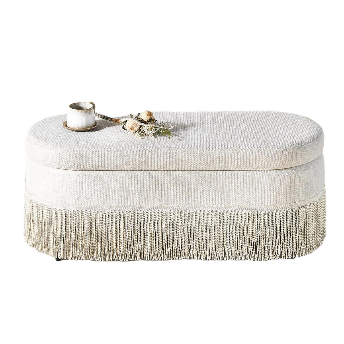 Oval Upholstered Storage Ottoman with Fringe Trim & Lift-Top Lid - 39"L x 16"W x 17"H, Multi-Functional Footrest & Hidden Storage for Living Room or Bedroom - Beige Fabric with Metal Frame