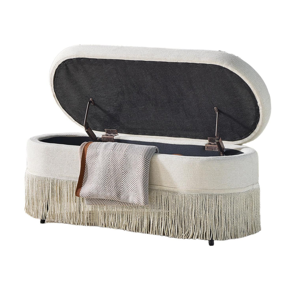 Oval Upholstered Storage Ottoman with Fringe Trim & Lift-Top Lid - 39"L x 16"W x 17"H, Multi-Functional Footrest & Hidden Storage for Living Room or Bedroom - Beige Fabric with Metal Frame