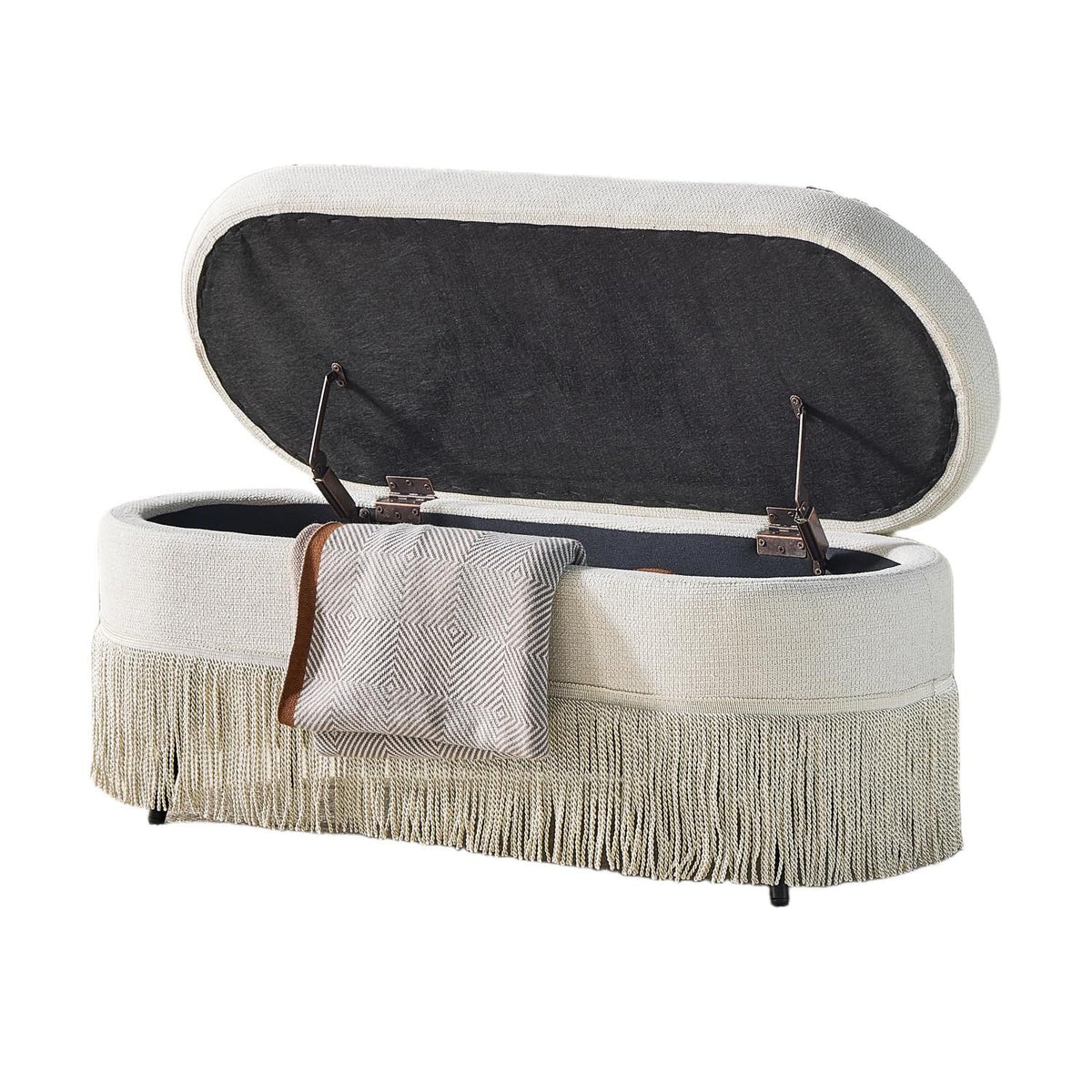 Oval Upholstered Storage Ottoman with Fringe Trim & Lift-Top Lid - 39"L x 16"W x 17"H, Multi-Functional Footrest & Hidden Storage for Living Room or Bedroom - Beige Fabric with Metal Frame